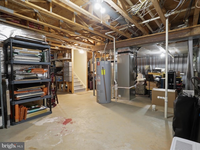6805 Spout Ln, Fairfax Station, VA 22039 - unfinished basement featuring water heater, stairs, and heating unit