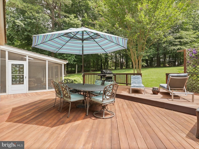 6805 Spout Ln, Fairfax Station, VA 22039 - wooden terrace with outdoor dining area, view of scattered trees, a lawn, a sunroom, and area for grilling