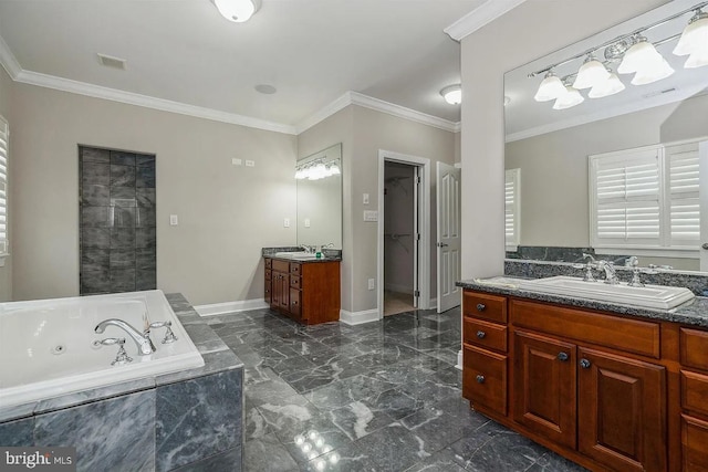 265 N Cologne Ave, Egg Harbor City, NJ 08215 - bathroom with two vanities, crown molding, a tub with jets, marble finish flooring, and baseboards