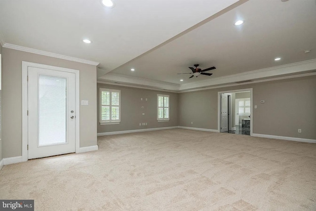 265 N Cologne Ave, Egg Harbor City, NJ 08215 - carpeted empty room featuring crown molding, a raised ceiling, baseboards, recessed lighting, and a ceiling fan