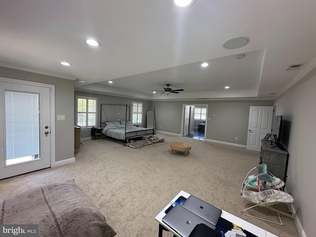 265 N Cologne Ave, Egg Harbor City, NJ 08215 - living room featuring ornamental molding, a raised ceiling, baseboards, recessed lighting, and carpet floors