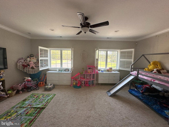 265 N Cologne Ave, Egg Harbor City, NJ 08215 - bedroom with carpet flooring, multiple windows, ornamental molding, and ceiling fan