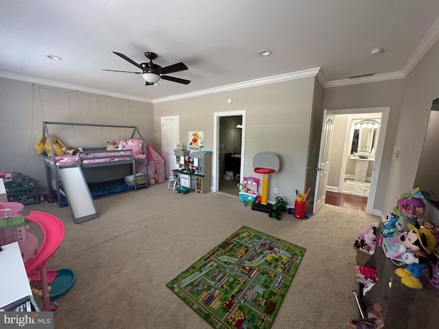 265 N Cologne Ave, Egg Harbor City, NJ 08215 - carpeted bedroom with crown molding, connected bathroom, a ceiling fan, and recessed lighting