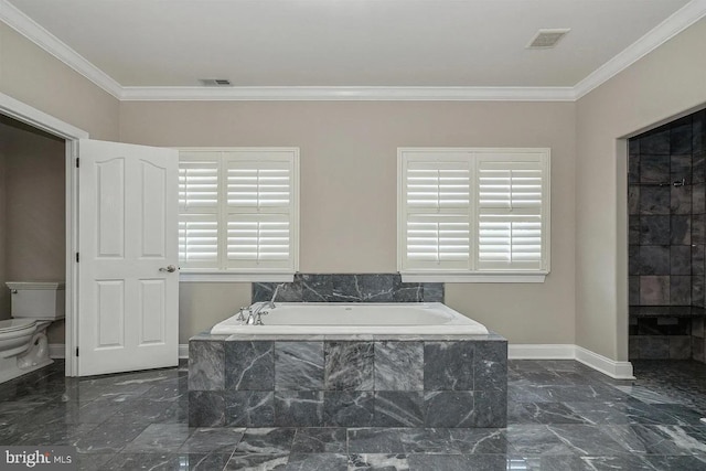 265 N Cologne Ave, Egg Harbor City, NJ 08215 - full bathroom with marble tiled floors, a garden tub, toilet, crown molding, and baseboards