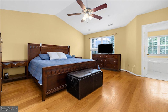 3765 Glebe Meadow Way, Edgewater, MD 21037 - bedroom with light wood-style flooring, vaulted ceiling, ceiling fan, ensuite bath, and baseboards