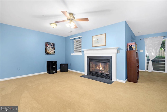 3765 Glebe Meadow Way, Edgewater, MD 21037 - carpeted living room with a fireplace with flush hearth, ceiling fan, and baseboards