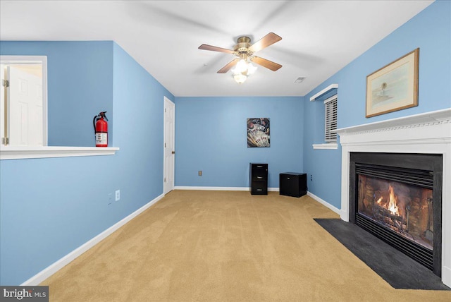 3765 Glebe Meadow Way, Edgewater, MD 21037 - unfurnished living room with carpet flooring, a fireplace with flush hearth, ceiling fan, and baseboards