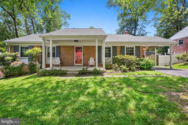 1389 Kimblewick Rd, Potomac, MD 20854 - ranch-style house with a porch, brick siding, a chimney, and asphalt driveway