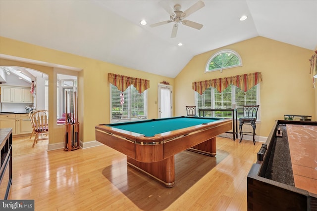 609 Ederer Ln, Ambler, PA 19002 - game room featuring billiards table, a ceiling fan, vaulted ceiling, light wood-type flooring, and baseboards