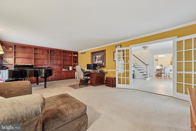 609 Ederer Ln, Ambler, PA 19002 - carpeted home office featuring crown molding, french doors, and a chandelier