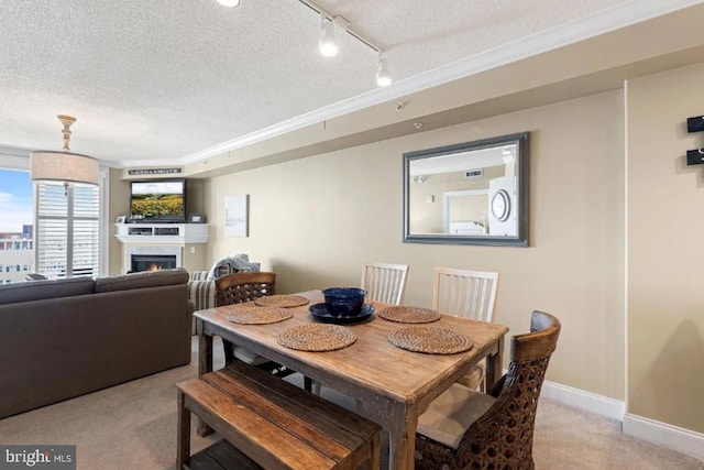 6 7th St Unit 508, Ocean City, MD 21842 - dining room with light colored carpet, a textured ceiling, track lighting, a lit fireplace, and baseboards