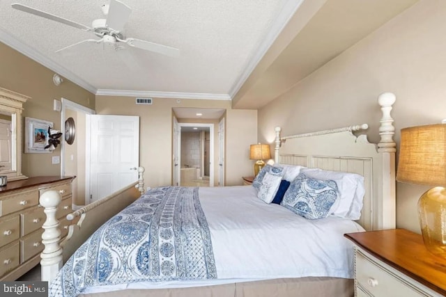 6 7th St Unit 508, Ocean City, MD 21842 - bedroom with ornamental molding, a textured ceiling, ensuite bathroom, and a ceiling fan