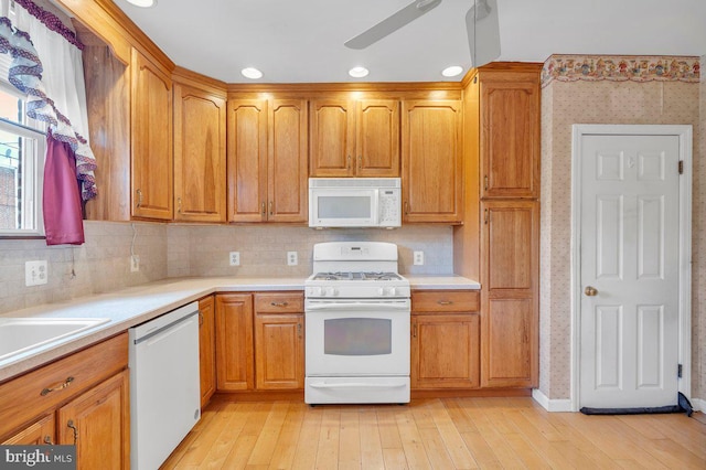 3440 Sheffield Ave, Philadelphia, PA 19136 - kitchen featuring white appliances, light wood finished floors, light countertops, and recessed lighting
