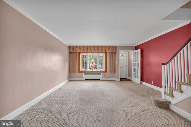3440 Sheffield Ave, Philadelphia, PA 19136 - unfurnished living room with radiator, carpet floors, crown molding, baseboards, and stairs