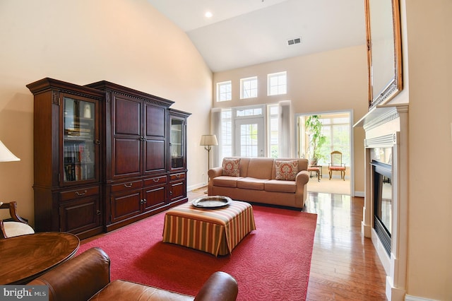 7207 Ivy Bank Rd, Laurel, MD 20707 - living area with high vaulted ceiling, wood finished floors, a fireplace, and baseboards