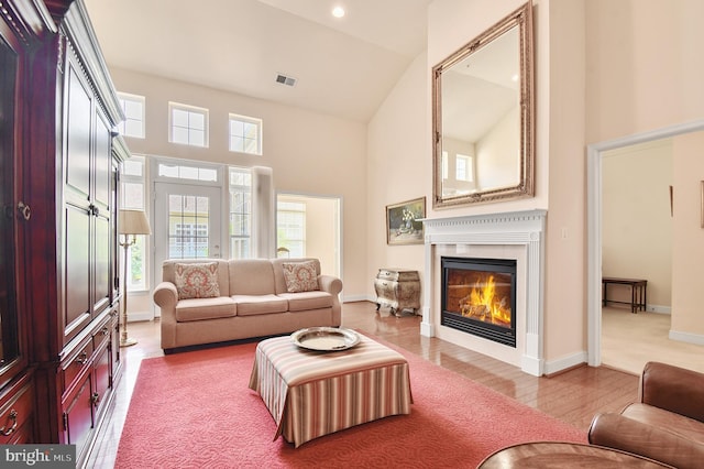7207 Ivy Bank Rd, Laurel, MD 20707 - living area featuring high vaulted ceiling, a glass covered fireplace, light wood-type flooring, and baseboards