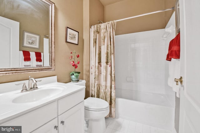 7207 Ivy Bank Rd, Laurel, MD 20707 - bathroom with toilet, vanity, shower / tub combo with curtain, and tile patterned flooring