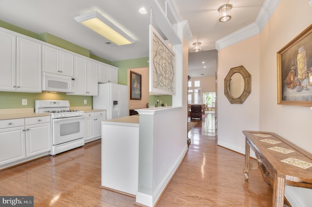 7207 Ivy Bank Rd, Laurel, MD 20707 - kitchen with white appliances, white cabinetry, light wood finished floors, light countertops, and crown molding