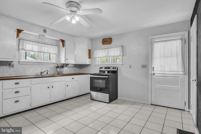 451 C St, Carlisle, PA 17013 - kitchen with electric stove, a sink, a ceiling fan, and white cabinets