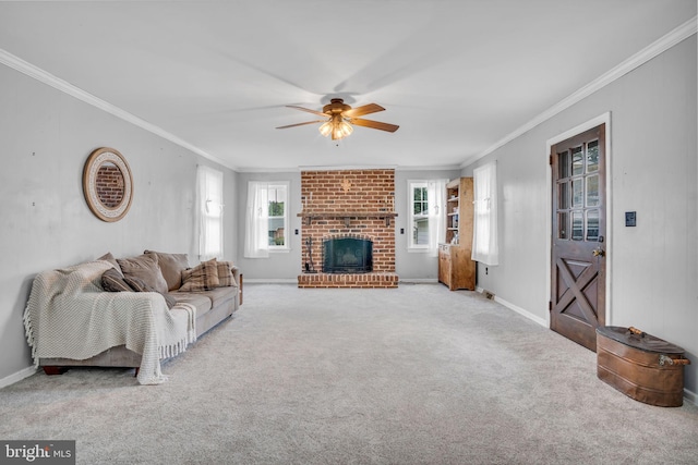 451 C St, Carlisle, PA 17013 - carpeted living room with ceiling fan, ornamental molding, a fireplace, and baseboards