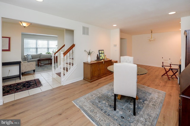 2404 Stokes Rd, Mount Laurel, NJ 08054 - dining room with a chandelier, stairs, wood finished floors, baseboards, and recessed lighting
