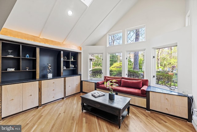 8901 Potomac Station Ln, Potomac, MD 20854 - living area with high vaulted ceiling and light wood-style flooring
