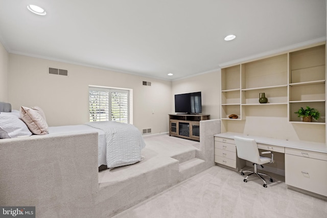 8901 Potomac Station Ln, Potomac, MD 20854 - office with light colored carpet, crown molding, recessed lighting, built in desk, and baseboards