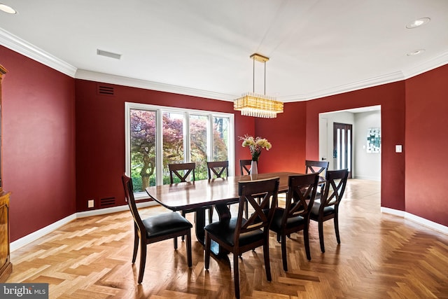 8901 Potomac Station Ln, Potomac, MD 20854 - dining space with baseboards, crown molding, recessed lighting, and a chandelier