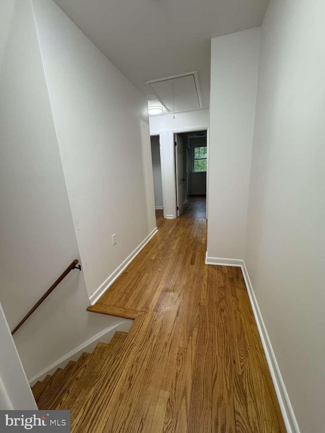 127 Homestead Dr, Doylestown, PA 18901 - hallway featuring attic access, wood finished floors, baseboards, and an upstairs landing