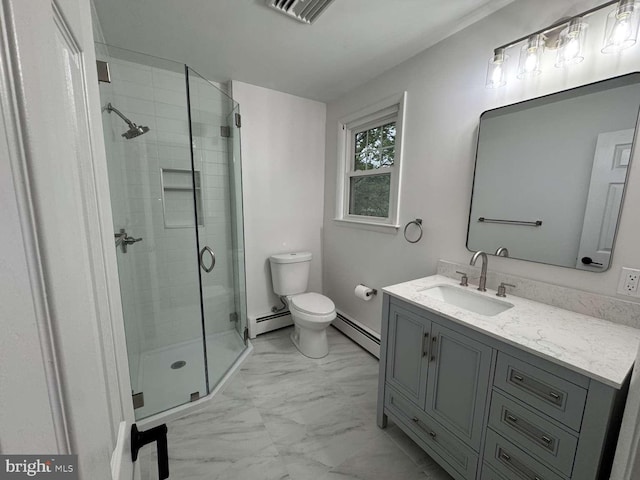 127 Homestead Dr, Doylestown, PA 18901 - full bath with a baseboard heating unit, toilet, marble look tile flooring, and vanity
