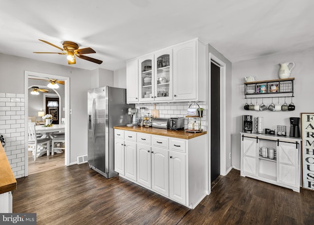 1200 Hessian Ave, National Park, NJ 08063 - kitchen with butcher block counters, stainless steel fridge with ice dispenser, a ceiling fan, glass insert cabinets, and white cabinets