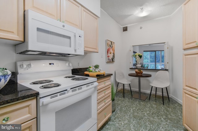 2904 N Leisure World Blvd Unit 517, Silver Spring, MD 20906 - kitchen with white appliances, light brown cabinets, baseboards, and a textured ceiling