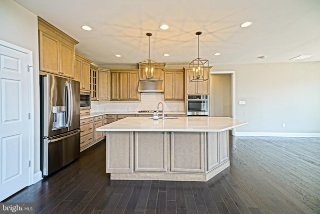 33557 Downing Cir, Lewes, DE 19958 - kitchen with appliances with stainless steel finishes, light countertops, recessed lighting, decorative backsplash, and dark wood-type flooring