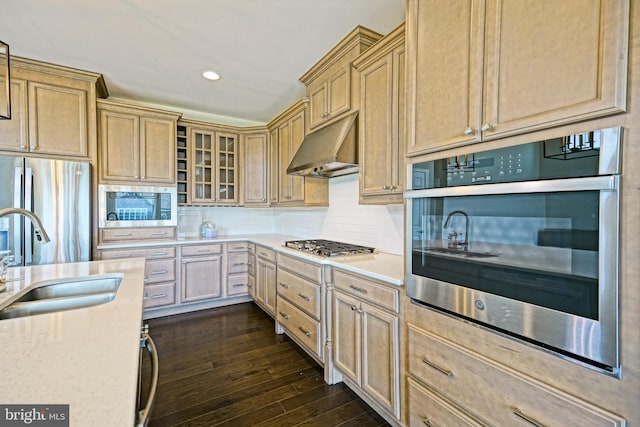 33557 Downing Cir, Lewes, DE 19958 - kitchen featuring under cabinet range hood, stainless steel appliances, dark wood-style flooring, backsplash, and recessed lighting