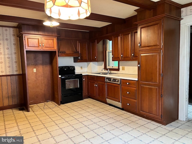 221 S State St, Talmage, PA 17580 - kitchen with black electric range, paneled dishwasher, custom exhaust hood, a sink, and light countertops