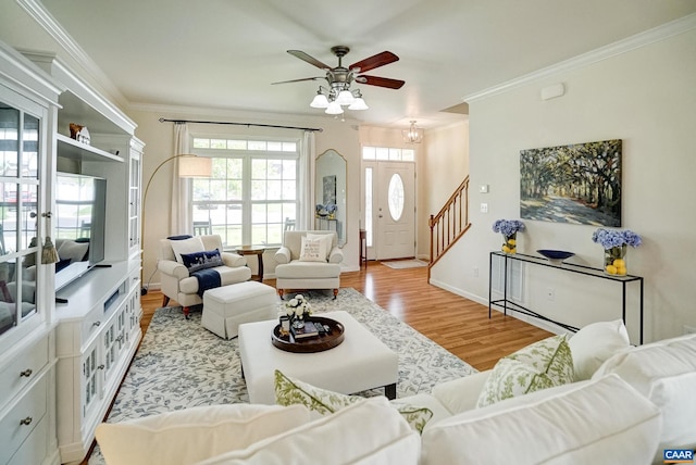 332 Overview St, Waynesboro, VA 22980 - living area featuring wood finished floors, a ceiling fan, crown molding, stairway, and baseboards