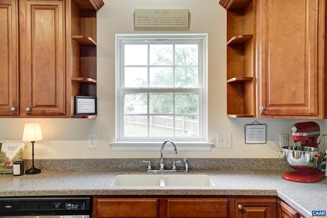 332 Overview St, Waynesboro, VA 22980 - kitchen featuring open shelves, a sink, dishwashing machine, brown cabinets, and light countertops