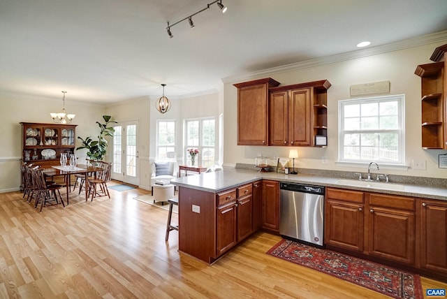 332 Overview St, Waynesboro, VA 22980 - kitchen featuring dishwasher, open shelves, a sink, a chandelier, and a peninsula