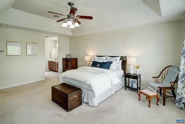 332 Overview St, Waynesboro, VA 22980 - bedroom with light carpet, baseboards, ensuite bath, and a ceiling fan