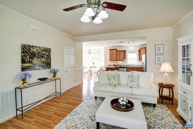 332 Overview St, Waynesboro, VA 22980 - living area with light wood-type flooring, a ceiling fan, rail lighting, crown molding, and baseboards