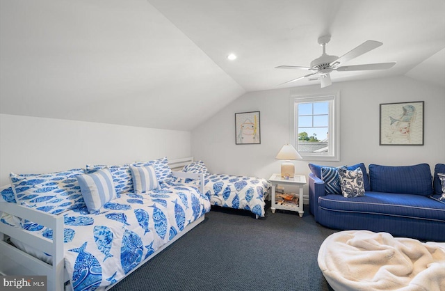 64 Blackpool Rd, Rehoboth Beach, DE 19971 - bedroom featuring vaulted ceiling, carpet flooring, and a ceiling fan