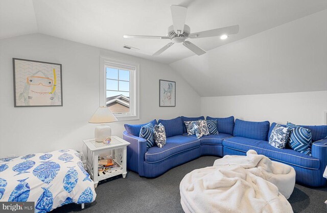64 Blackpool Rd, Rehoboth Beach, DE 19971 - living area featuring vaulted ceiling, carpet flooring, and ceiling fan