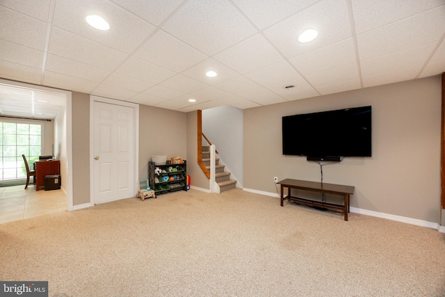 106 Everest Cir Unit 106, West Chester, PA 19382 - below grade area featuring carpet floors, stairway, baseboards, recessed lighting, and a drop ceiling