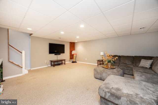106 Everest Cir Unit 106, West Chester, PA 19382 - carpeted living area with recessed lighting, stairs, baseboards, and a paneled ceiling