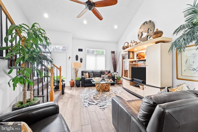 68 Winthrop Rd, Monroe Township, NJ 08831 - living room with ceiling fan, recessed lighting, light wood-type flooring, stairway, and high vaulted ceiling