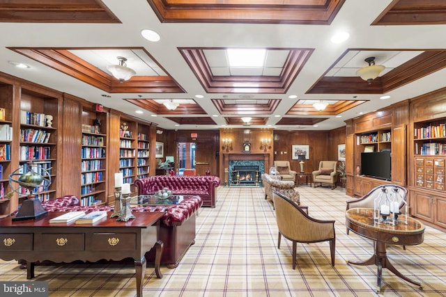 68 Winthrop Rd, Monroe Township, NJ 08831 - building lobby featuring ornamental molding, coffered ceiling, wood walls, recessed lighting, and beamed ceiling