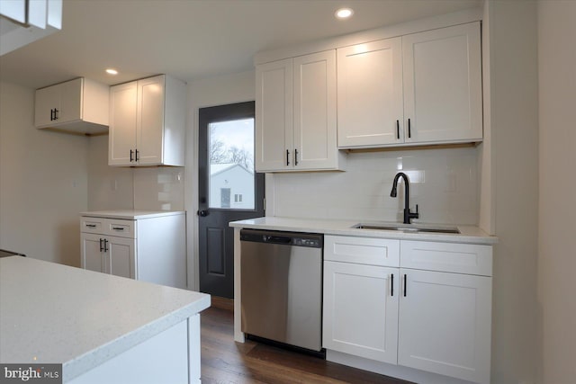 323 Plaza Dr, Palmyra, PA 17078 - kitchen with dishwasher, a sink, recessed lighting, backsplash, and dark wood-type flooring