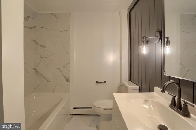 323 Plaza Dr, Palmyra, PA 17078 - bathroom featuring marble finish floors, a baseboard radiator, toilet, and vanity