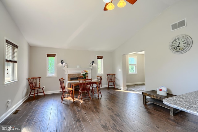 5221 Trumps Mill Rd, Baltimore, MD 21206 - dining area with dark wood-style flooring, a fireplace, ceiling fan, and lofted ceiling