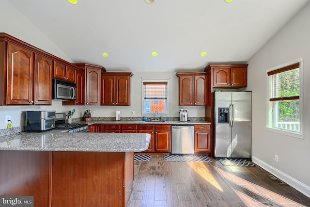 5221 Trumps Mill Rd, Baltimore, MD 21206 - kitchen featuring stainless steel appliances, lofted ceiling, plenty of natural light, a peninsula, and light stone countertops